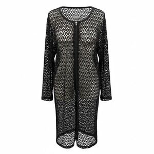 Crochet Knit Zip Up Cardigan CoverUp Size 2X Black Longline Mesh Goth Festival